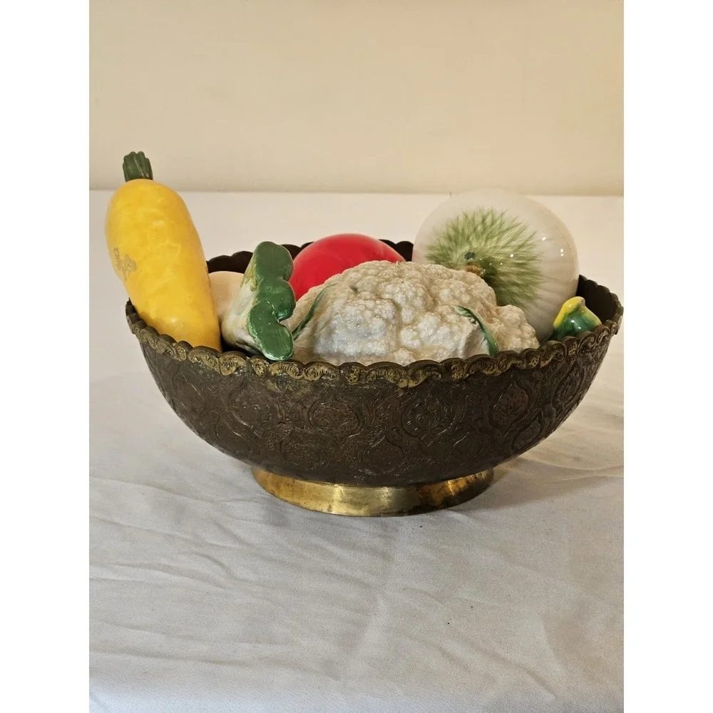 Vintage Etched Brass Bowl with Ceramic Vegetables Centerpiece Decor Set